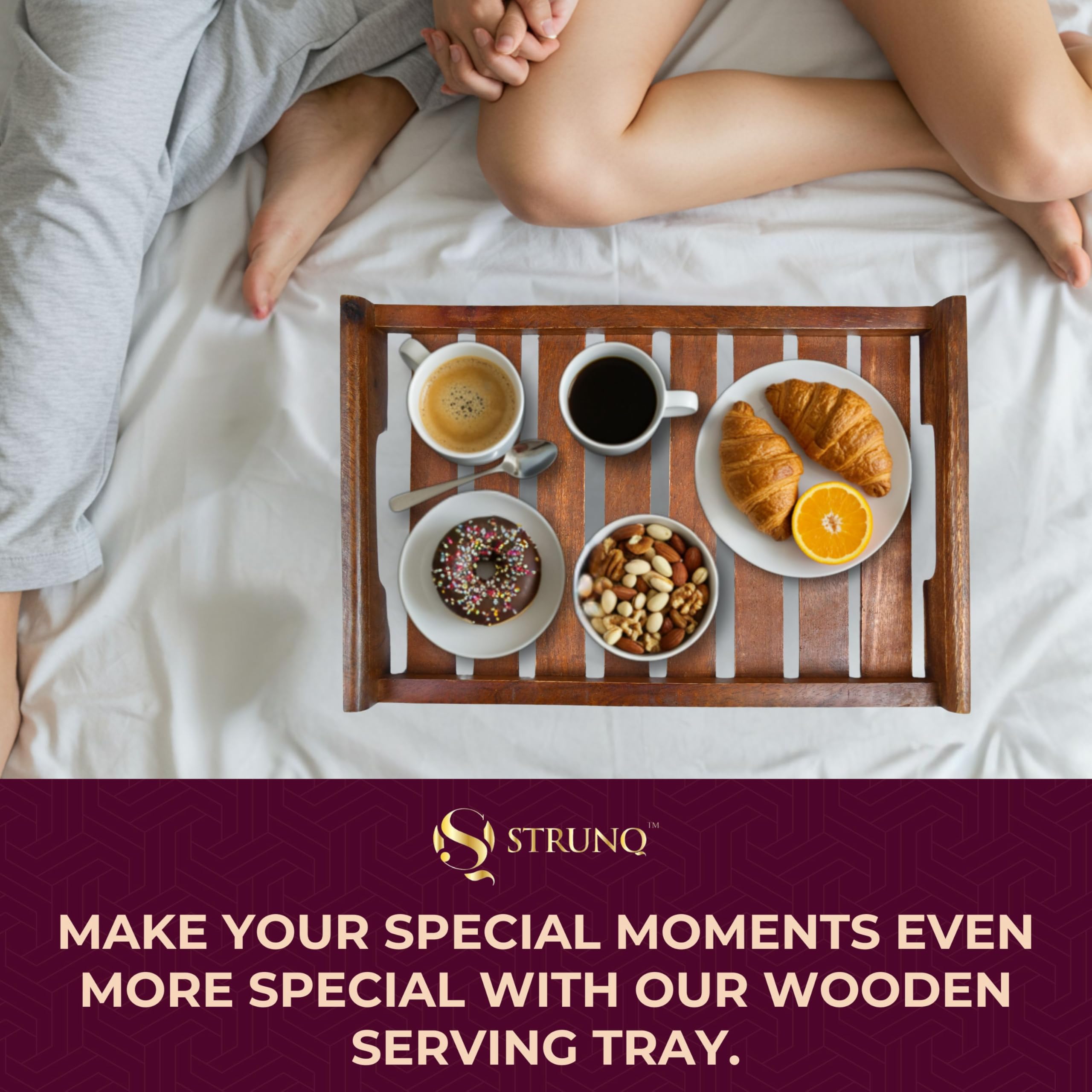 Strunq Wooden Tray Set For Serving, Serving Tray Set Of 3  Wooden Trays With Handles In Large, Medium & Small, Perfect For Coffe